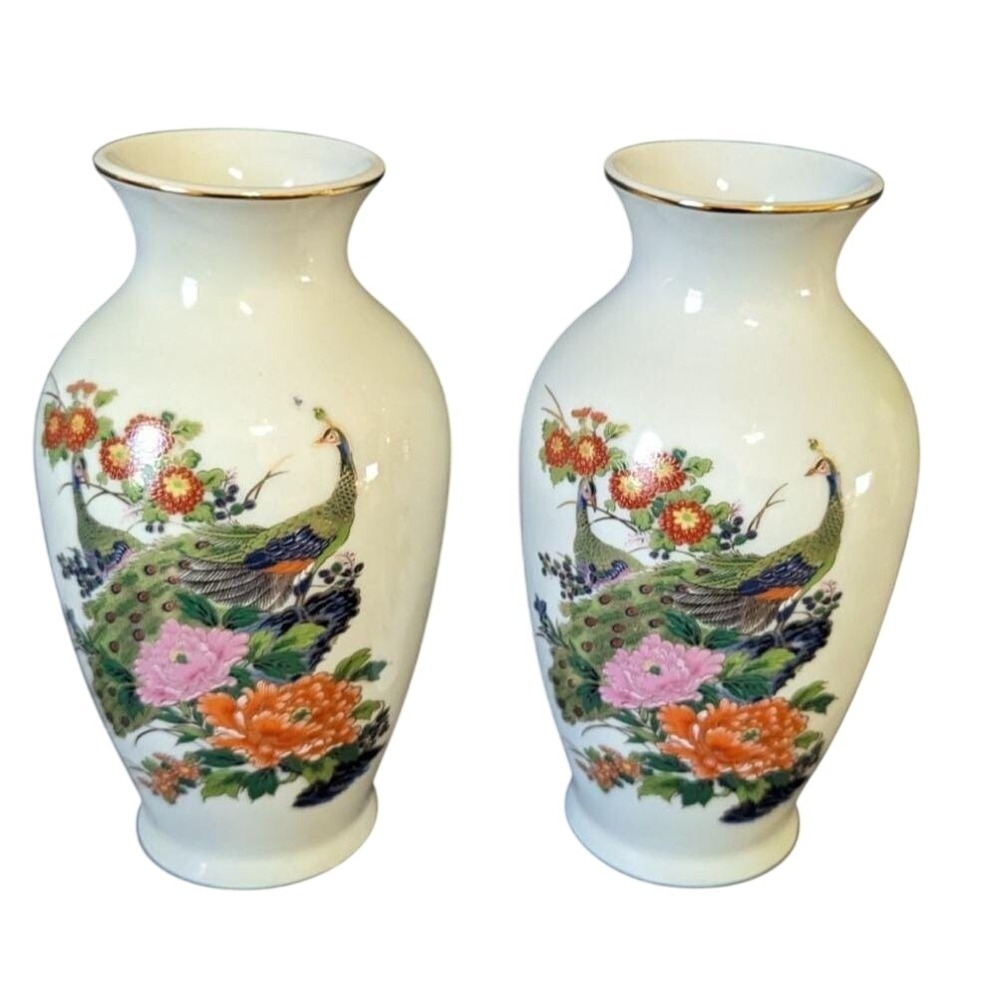 Vintage Arnart Japan Peacock Floral‎ Porcelain Bud Vases Gold Trim Set of 2